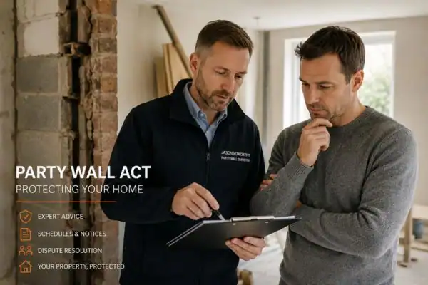 Party wall surveyor Rayleigh discussing extension plans with homeowner outside a UK semi-detached house.